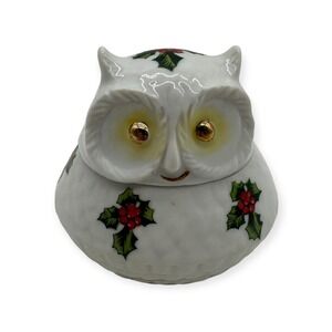 VTG Lefton‎ Owl Porcelain Trinket Box Figurine Christmas Holly Japan 08306